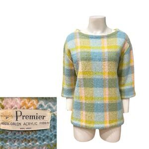 Vintage 1960s Pastel Plaid Boatneck Knit Sweater Orlon Acrylic / Medium -